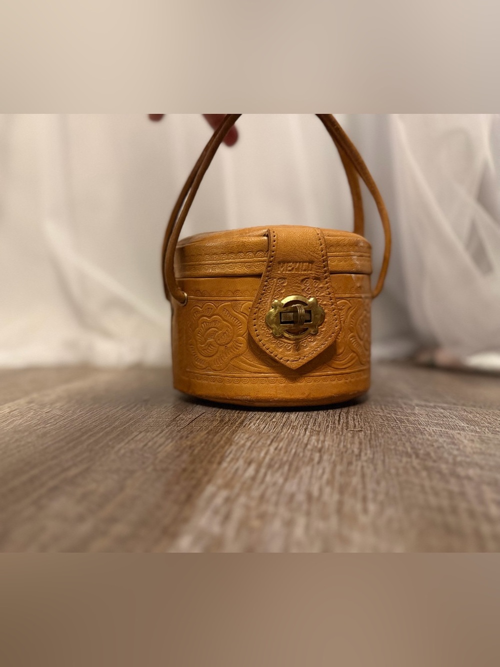Tan Embossed Leather Mini Basket Bag with Top Handle
